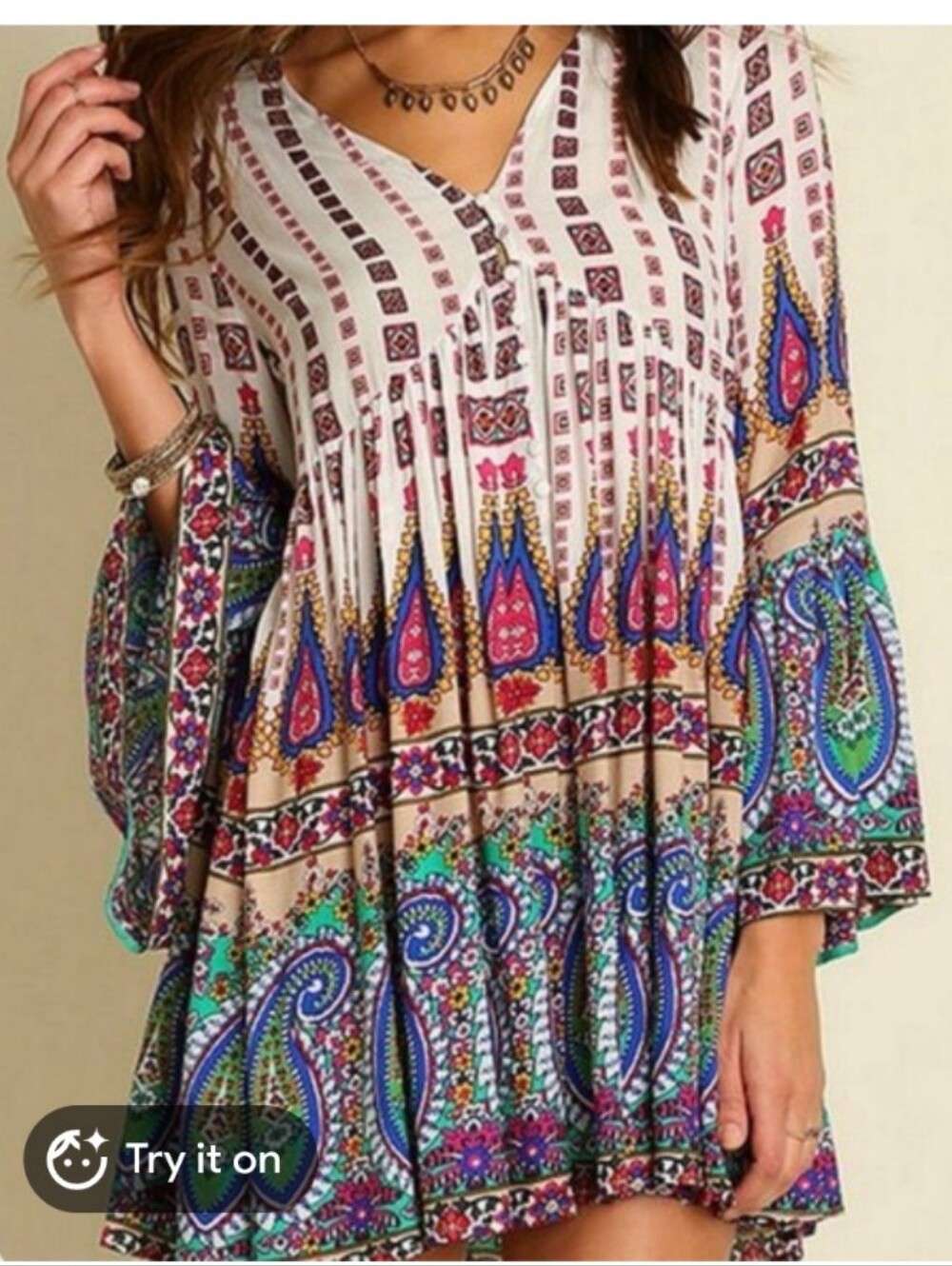 Umgee Tunic Dress Multicolor Cotton‎ Mixed Paisley Boho Bell Sleeve *See Notes